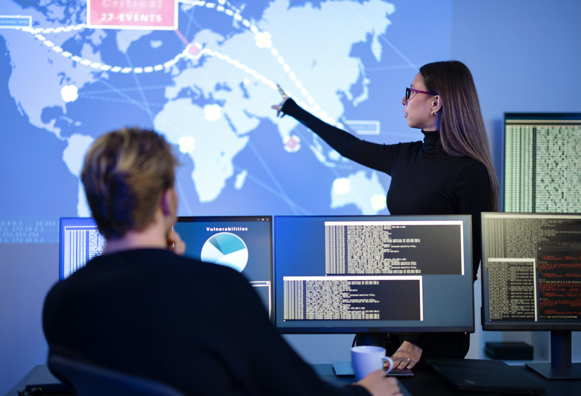 Professional cyber security team working to prevent security threats, find vulnerability and solve